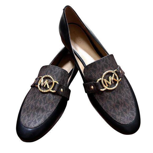 Michael Kors Rory leather loafers slip on shoes US 9.5M black brown monogram - Picture 1 of 11